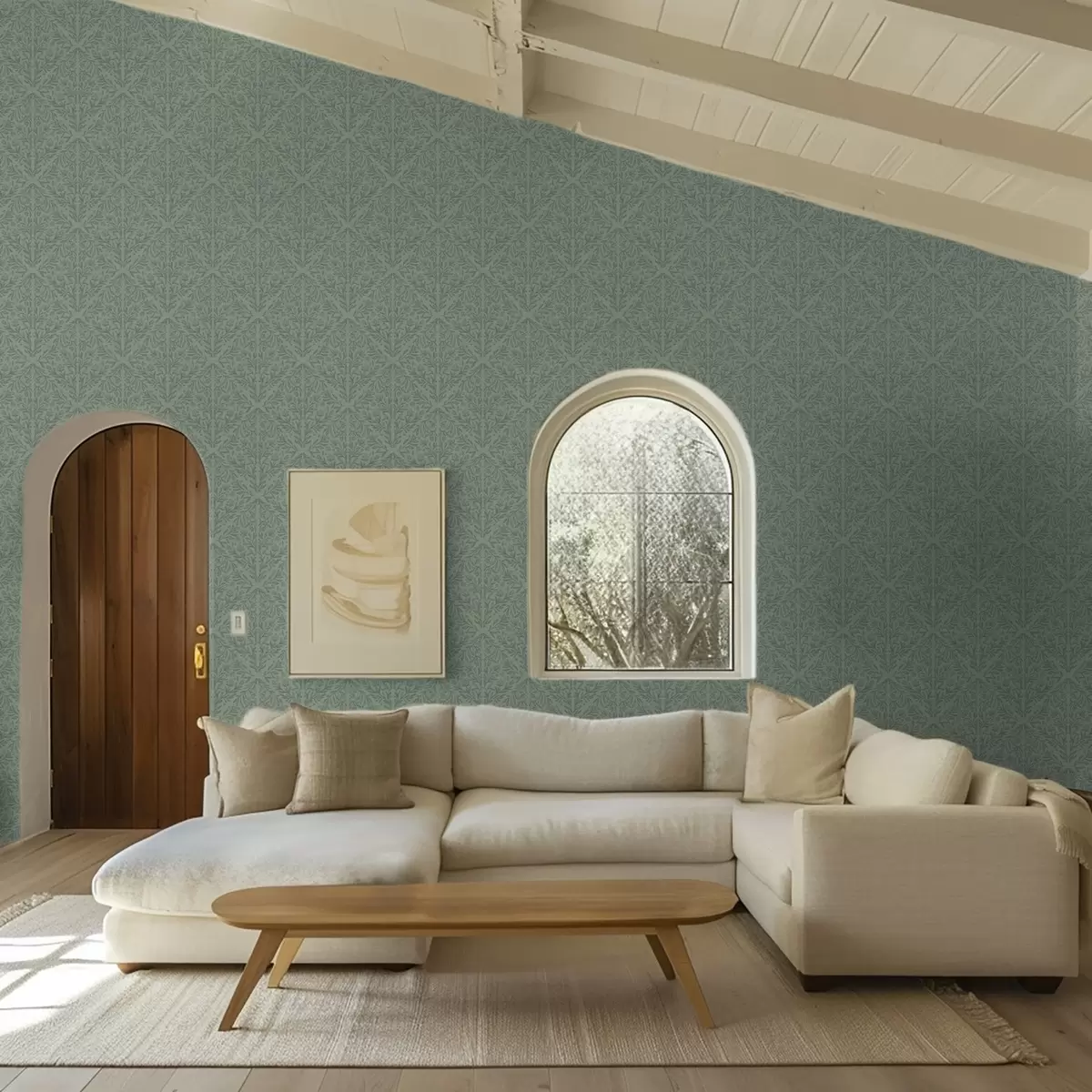 Шпалери Тонкий ботанічний дамаск у приглушеному зеленому кольорі a00815v1