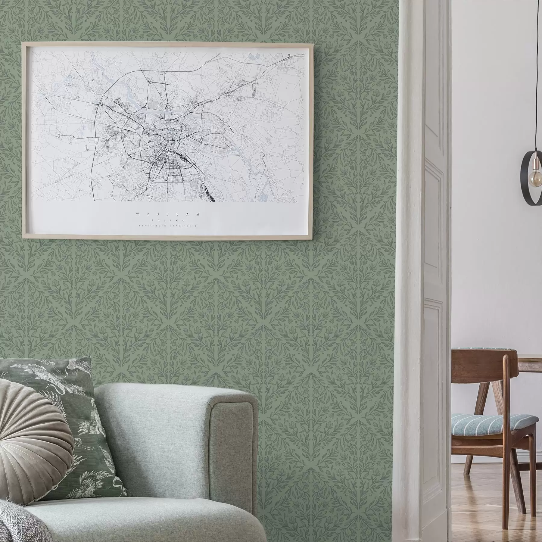 Шпалери Тонкий ботанічний дамаск у приглушеному зеленому кольорі a00815v1