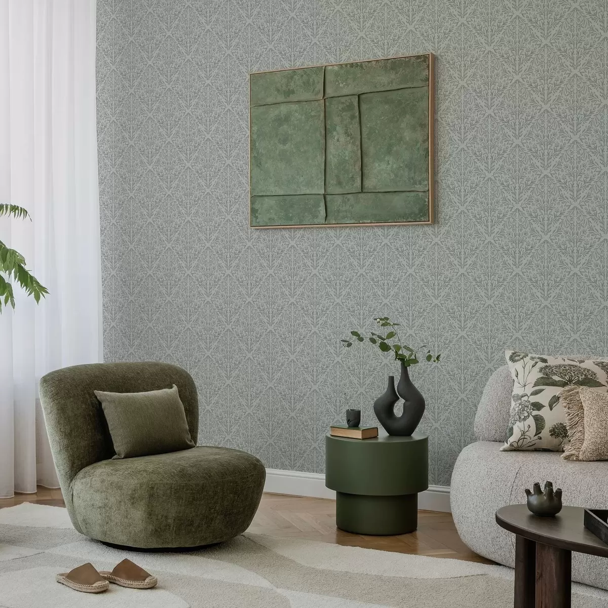 Шпалери Ботанічний дамаск світло-сірого кольору з м'якими контурами a00815v2