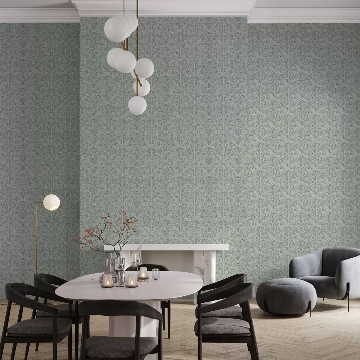 Шпалери Мереживні знімки на пастельно-зеленому тлі, ніжна глибина a00815v3