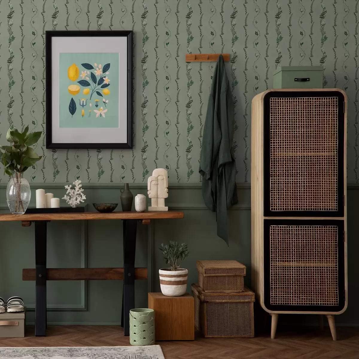 Шпалери Вертикальні лози та гілочки на приглушеному зеленому тлі a00817v1