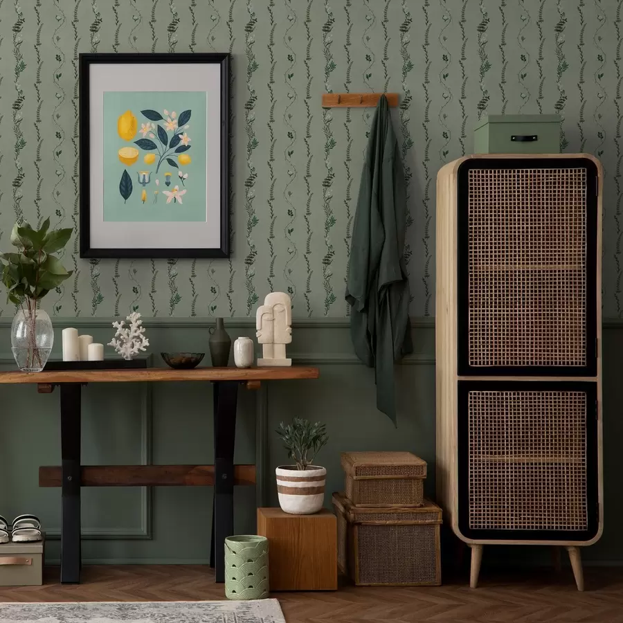 Шпалери Вертикальні лози та гілочки на приглушеному зеленому тлі a00817v1