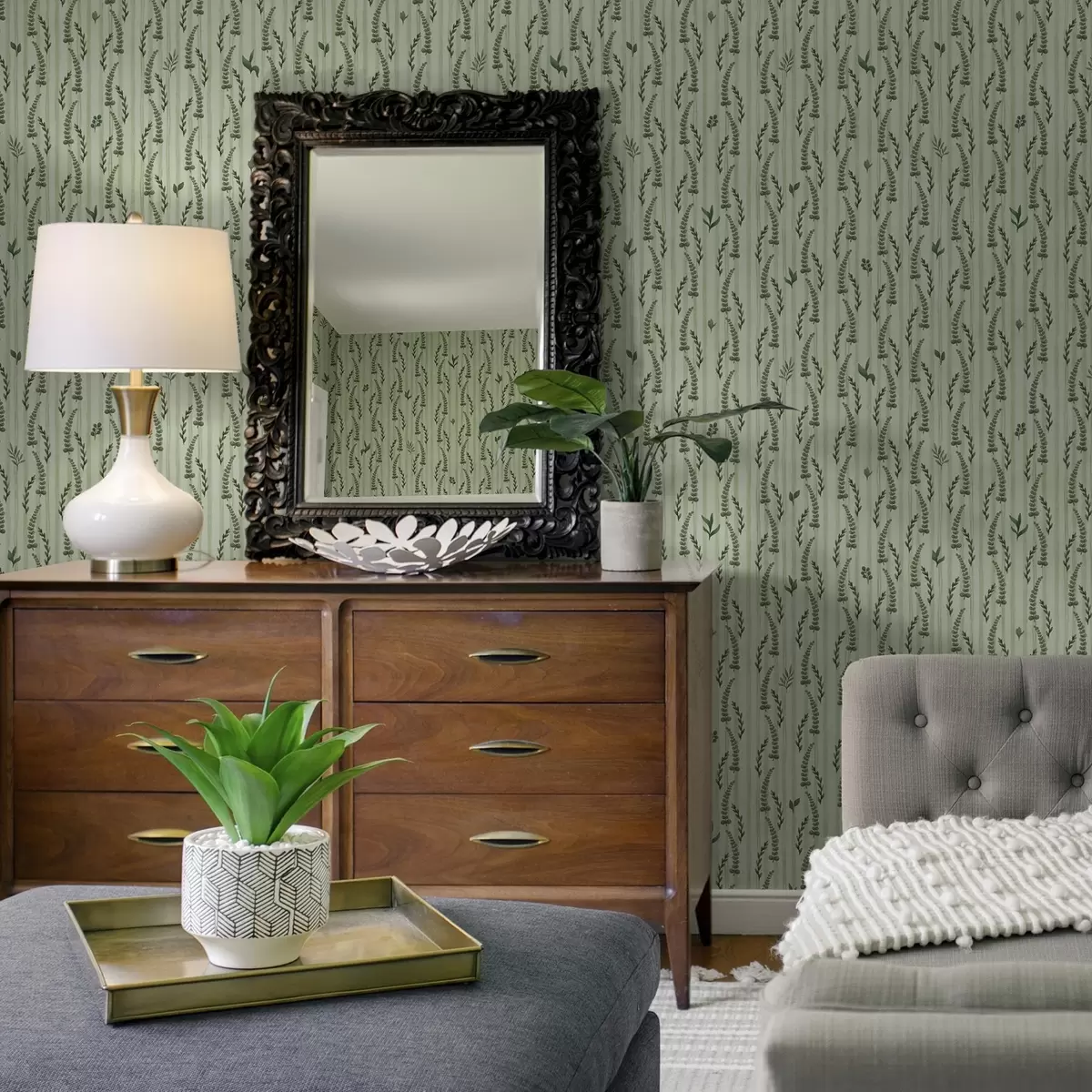 Шпалери Густа зелена трава і пагони м'яти зі смужками a00819