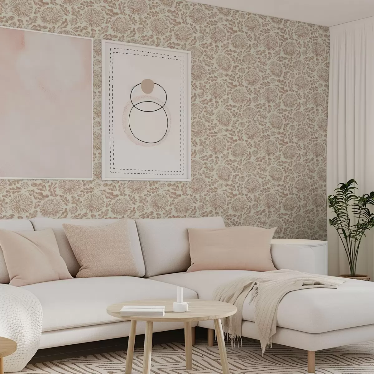 Шпалери Хризантеми та дубове листя в ніжних бежево-коричневих тонах a00840