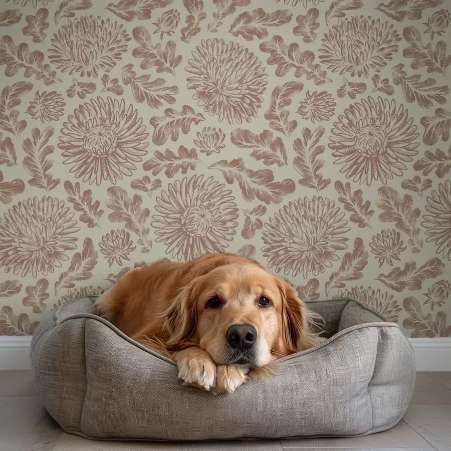 Шпалери Хризантеми та дубове листя в ніжних бежево-коричневих тонах a00840