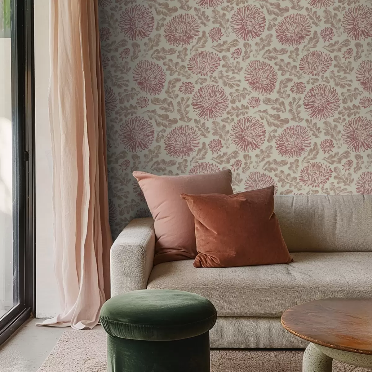 Шпалери Хризантеми з винними акцентами на кремовому тлі a00840v1