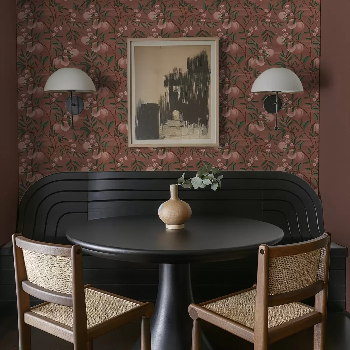 Шпалери Персики на гілках з рожевим цвітом, теракотова земля a00856