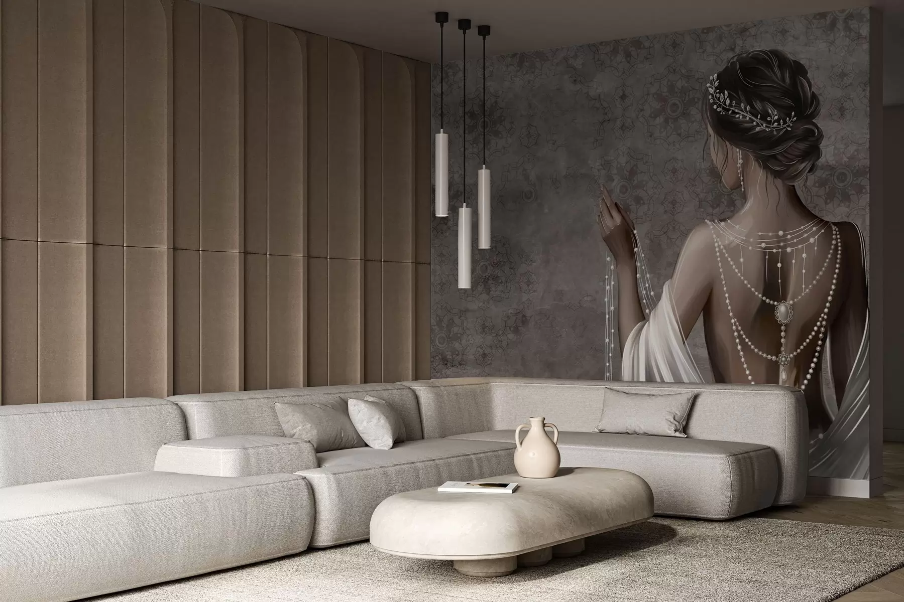 Шпалери Жінка, побачена ззаду, з перлами, сірий фон з візерунком каменю w04854