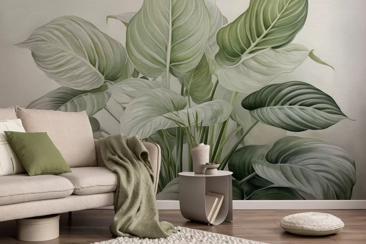 Шпалери Пишний кущ зеленого листя на стіні w04835