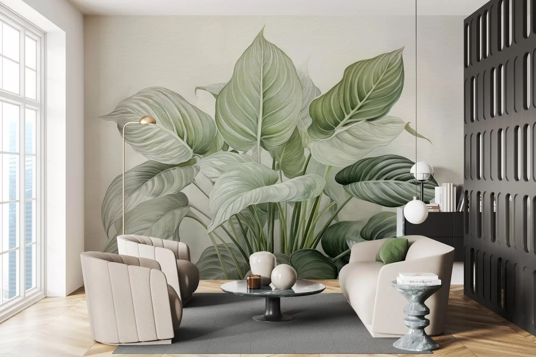 Шпалери Пишний кущ зеленого листя на стіні w04835