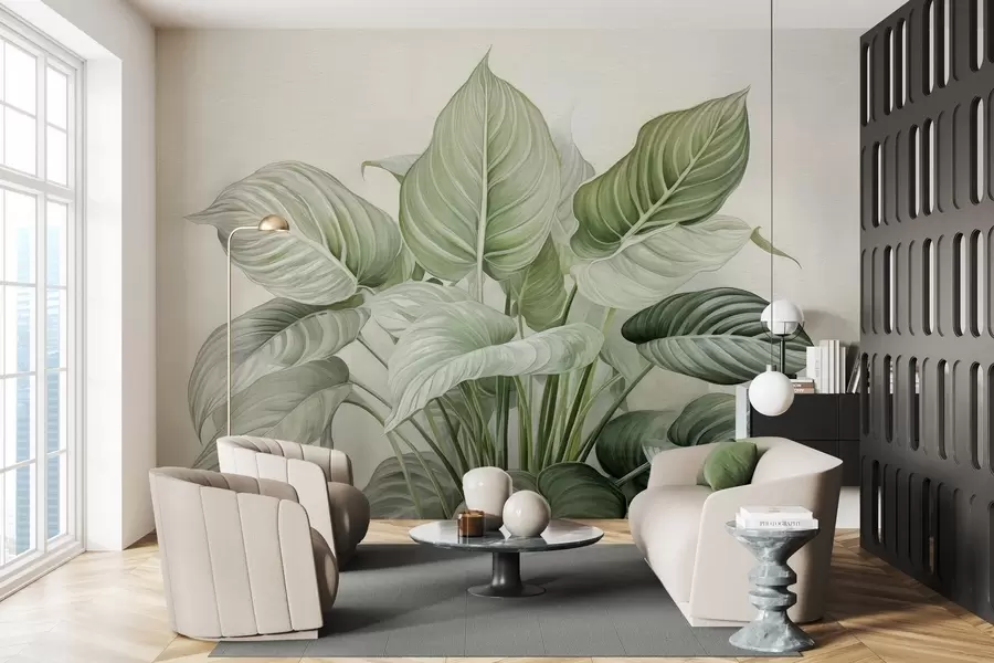 Шпалери Пишний кущ зеленого листя на стіні w04835