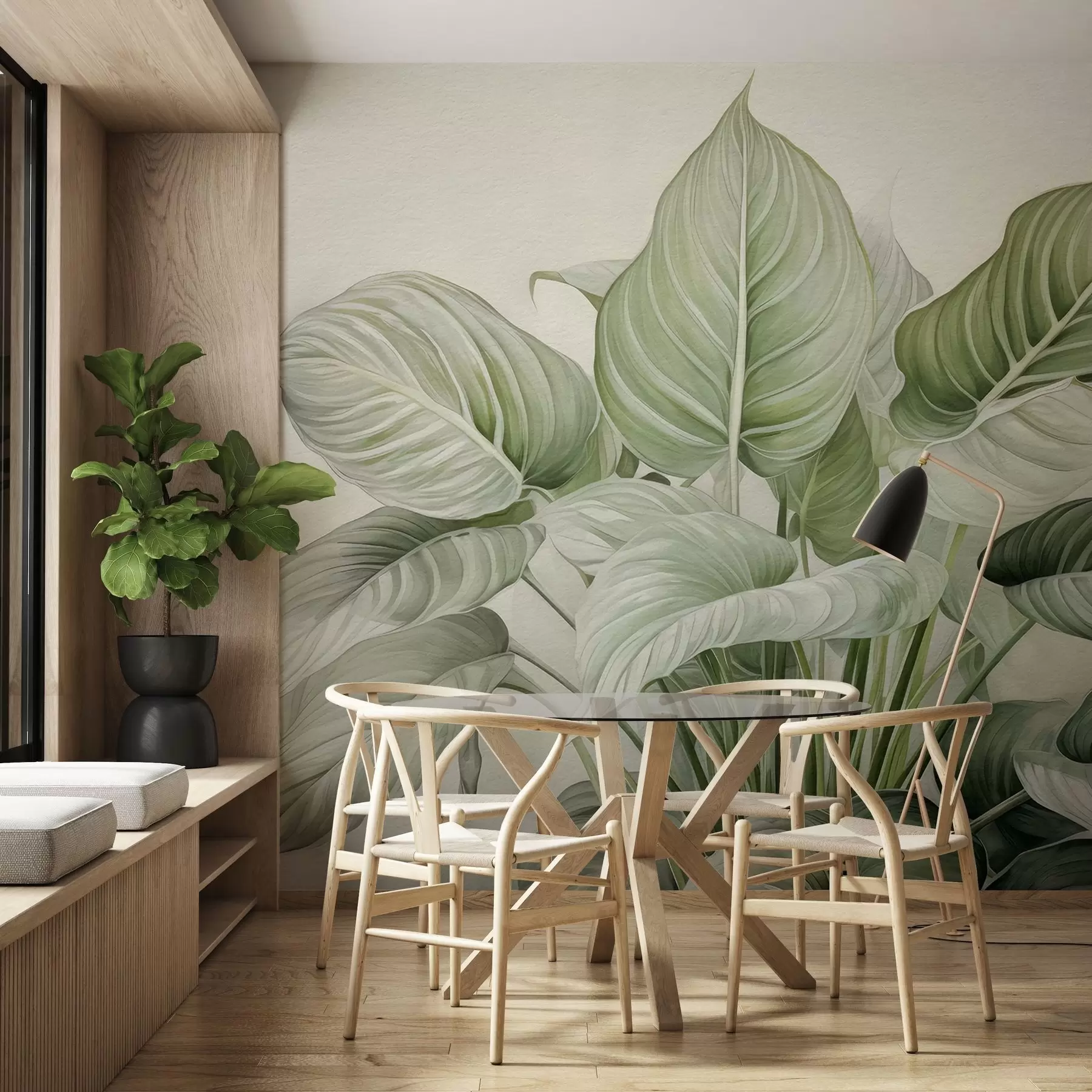 Шпалери Пишний кущ зеленого листя на стіні w04835