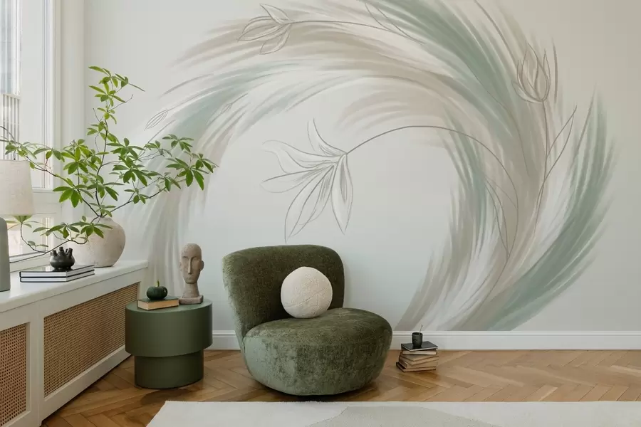 Шпалери зелені та бежеві пір'я та квіти, розписані вручну w04816