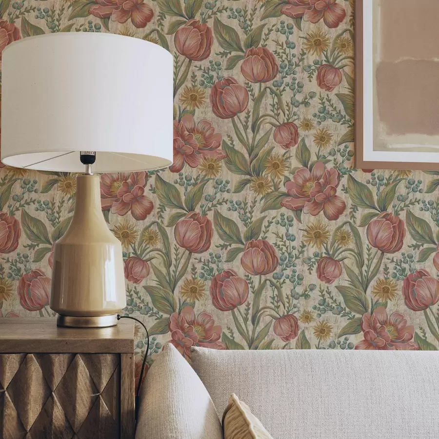 Шпалери Вінтажні тюльпани та айстри, текстурований кремовий фон a00773