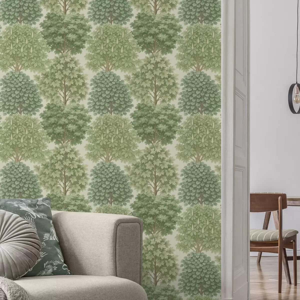 Шпалери Сад дерев у ніжних зелених тонах на світлому тлі a00775