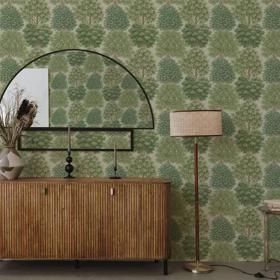 Шпалери Сад дерев у ніжних зелених тонах на світлому тлі a00775