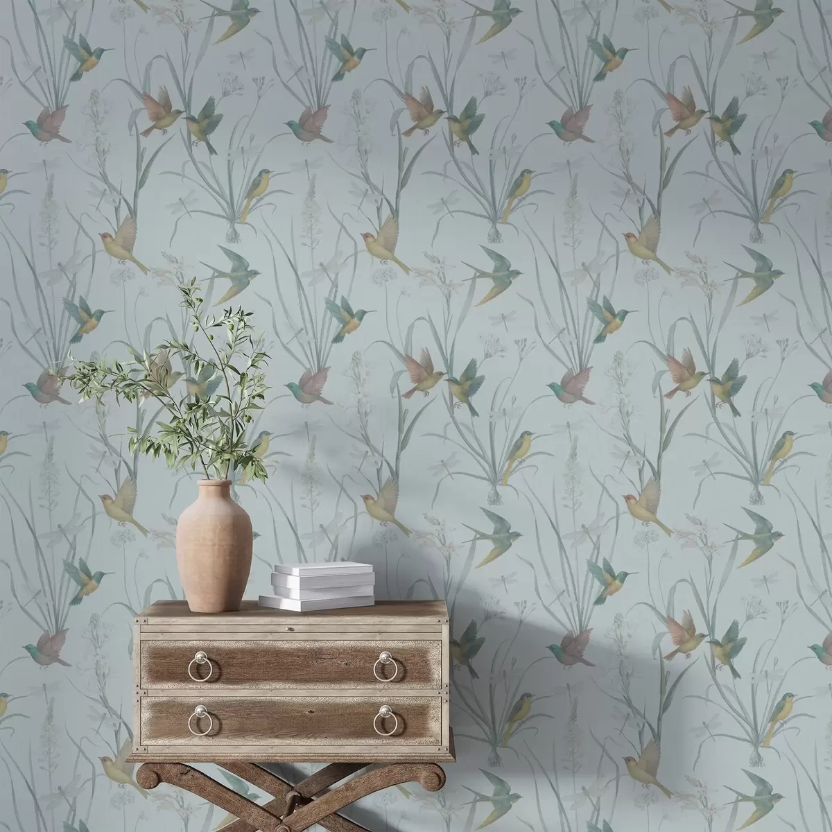 Шпалери Птахи серед лугової трави на сіро-блакитному тлі a00776