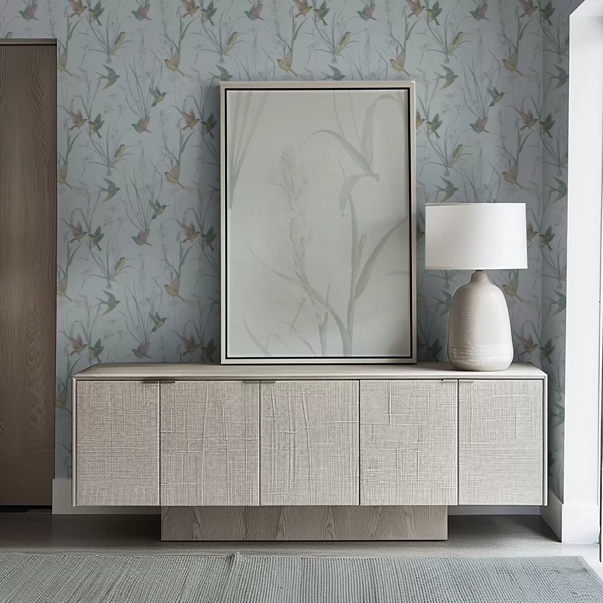 Шпалери Птахи серед лугової трави на сіро-блакитному тлі a00776