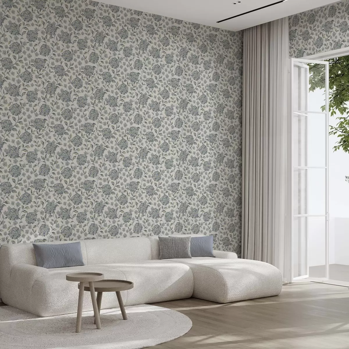 Шпалери Кущисті квіти та листя в сіро-блакитній палітрі a00778