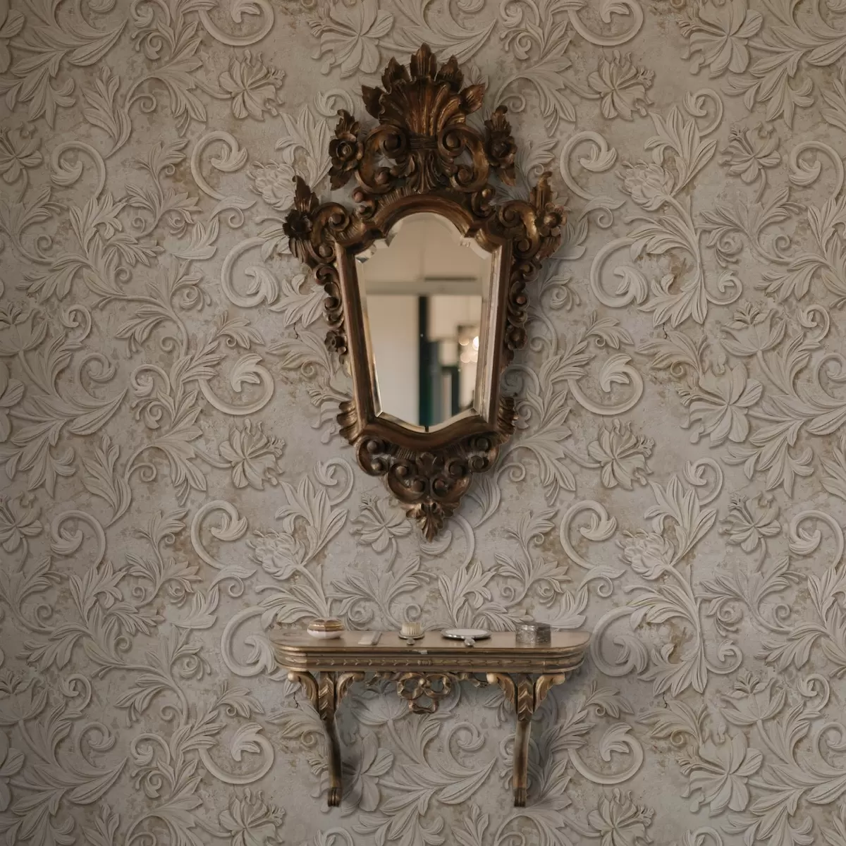 Шпалери Кам'яний рельєф з квітковими завитками, вінтажний бежевий a00784