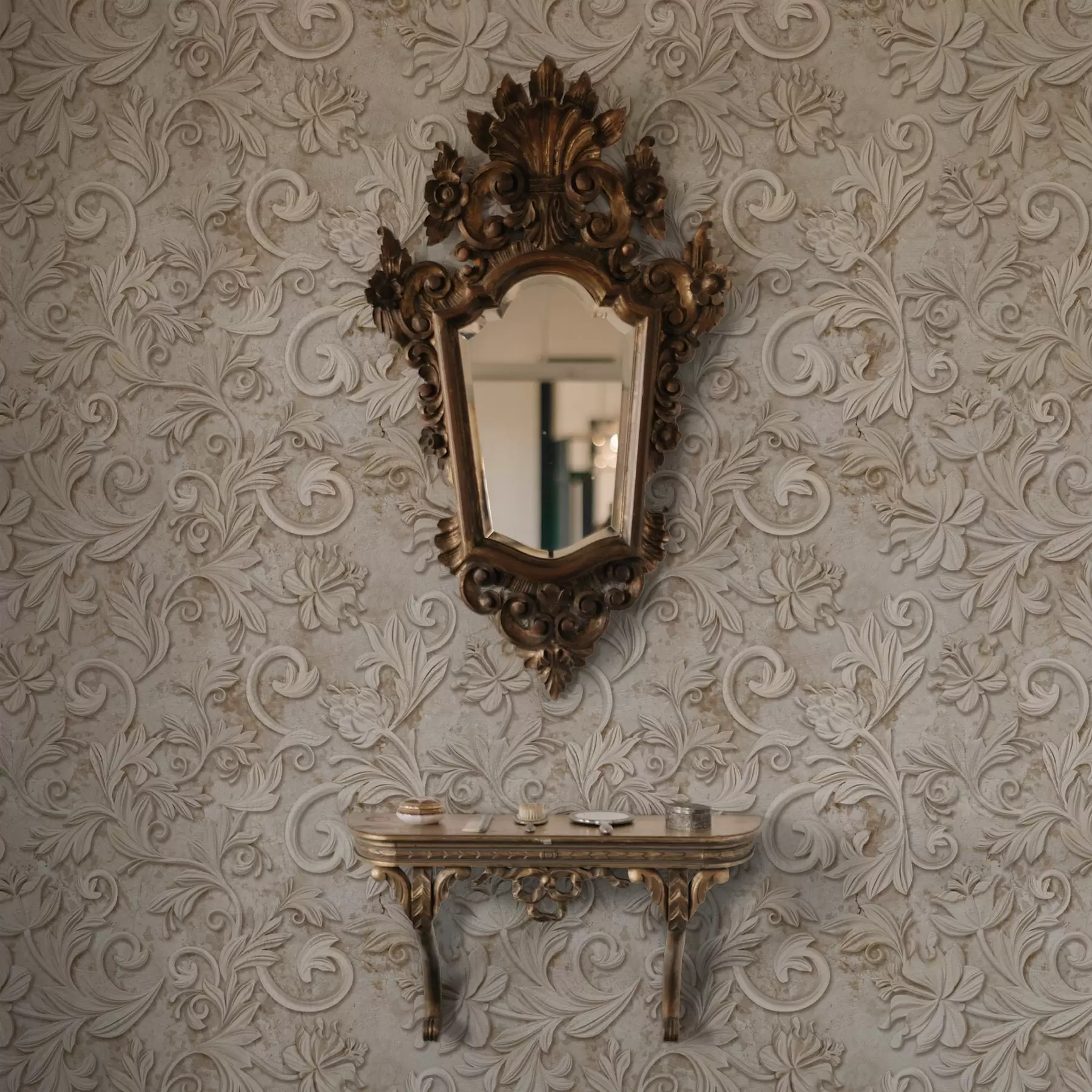 Шпалери Кам'яний рельєф з квітковими завитками, вінтажний бежевий a00784