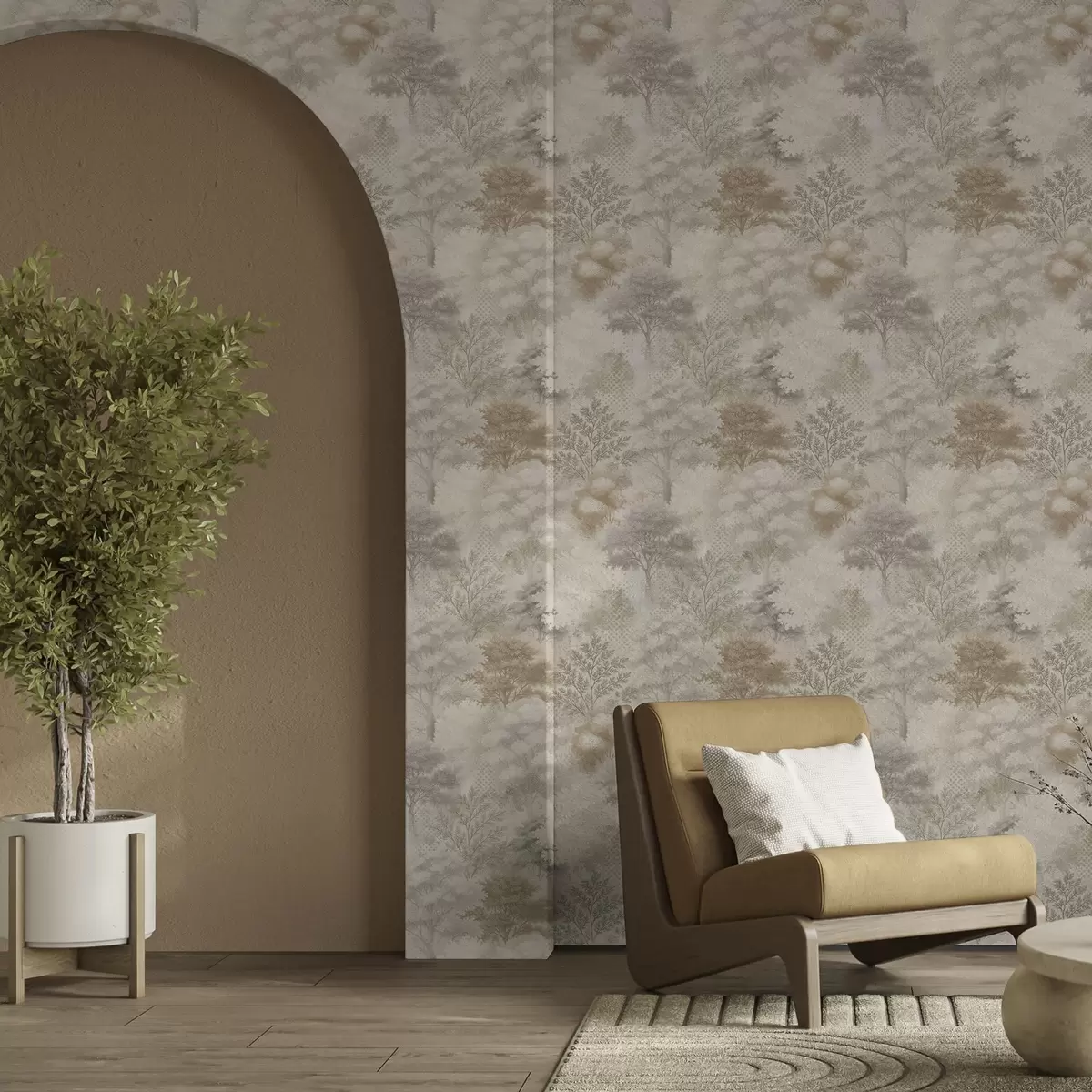 Шпалери Ніжний ліс у тумані, м'які бежево-сірі тони a00785