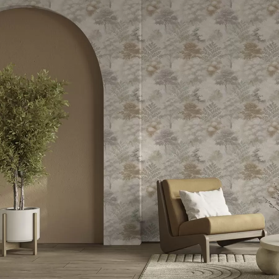 Шпалери Ніжний ліс у тумані, м'які бежево-сірі тони a00785