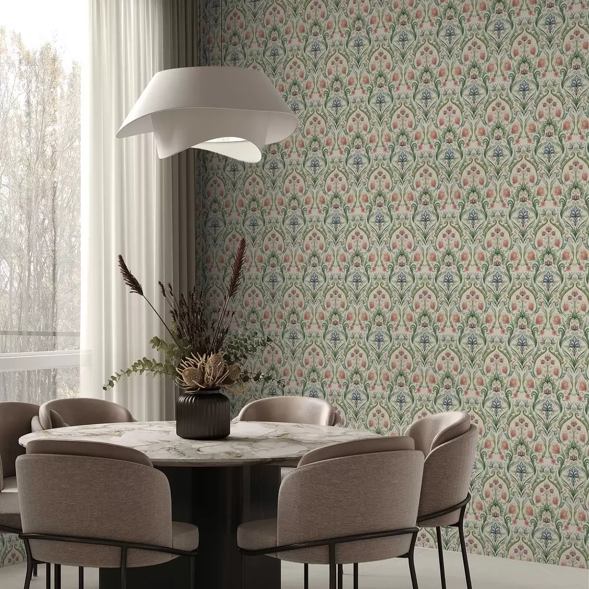 Шпалери Симетричний квітковий орнамент, теракота і зелений колір a00827