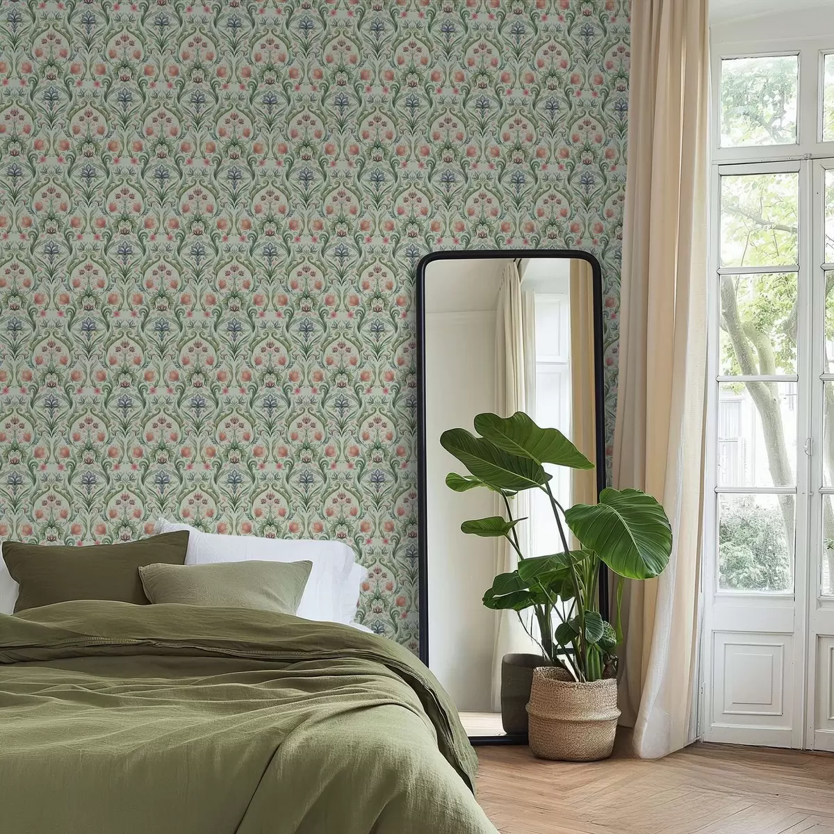 Шпалери Симетричний квітковий орнамент, м'ятно-кремова палітра a00827v1