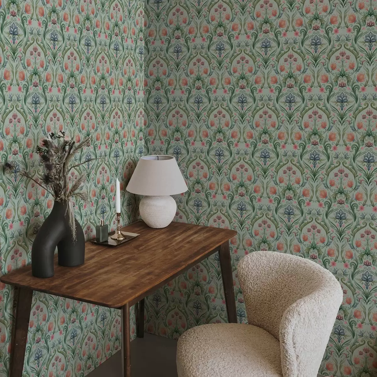 Шпалери Симетричний квітковий орнамент, м'ятно-кремова палітра a00827v1