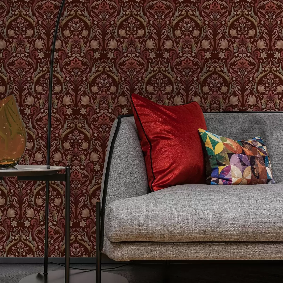 Шпалери Орнамент з тюльпанами, насичений бордовий фон a00827v2