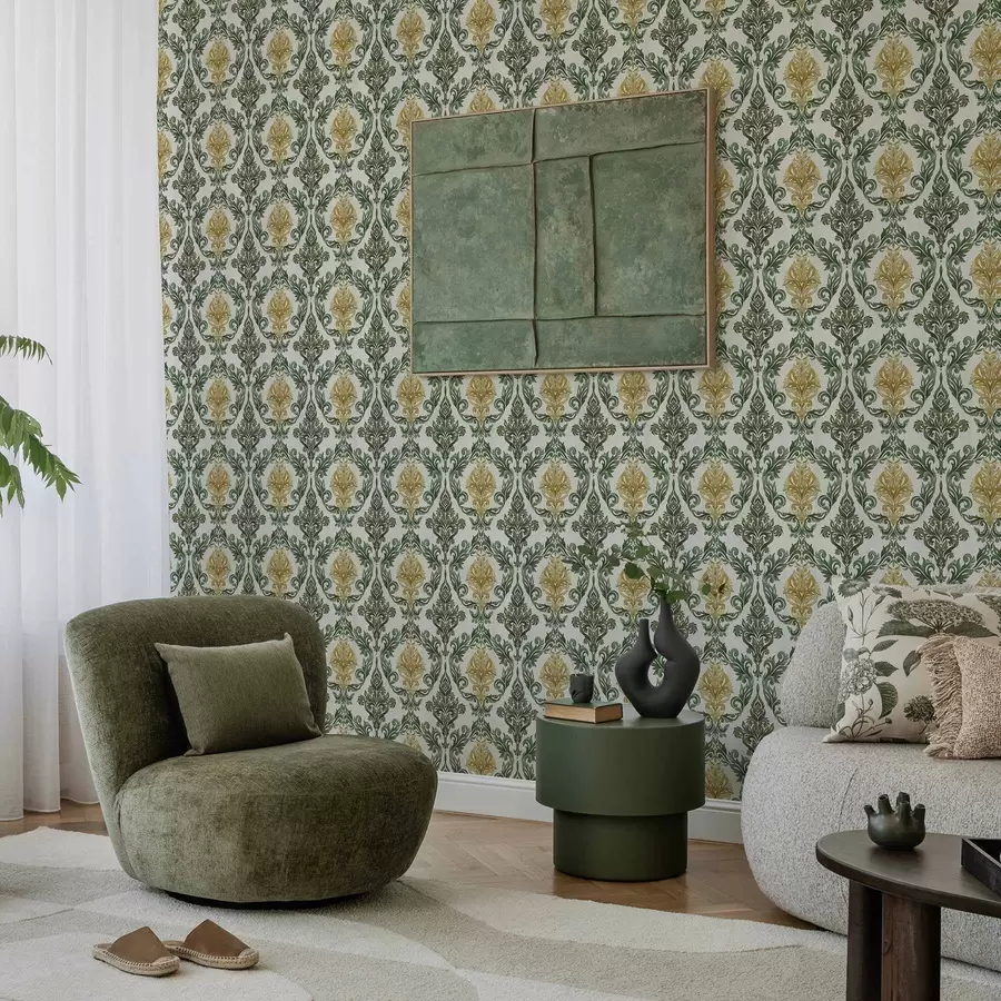 Шпалери Дамаск із зеленими завитками на світлому тлі a00828v1