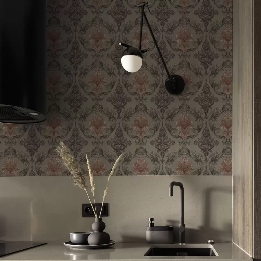 Шпалери Теракотова дамаська тканина на приглушеному оливковому тлі a00828v3