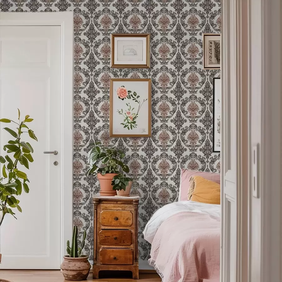 Шпалери Дамаск з мідно-коричневими акцентами на світлому тлі a00828v4