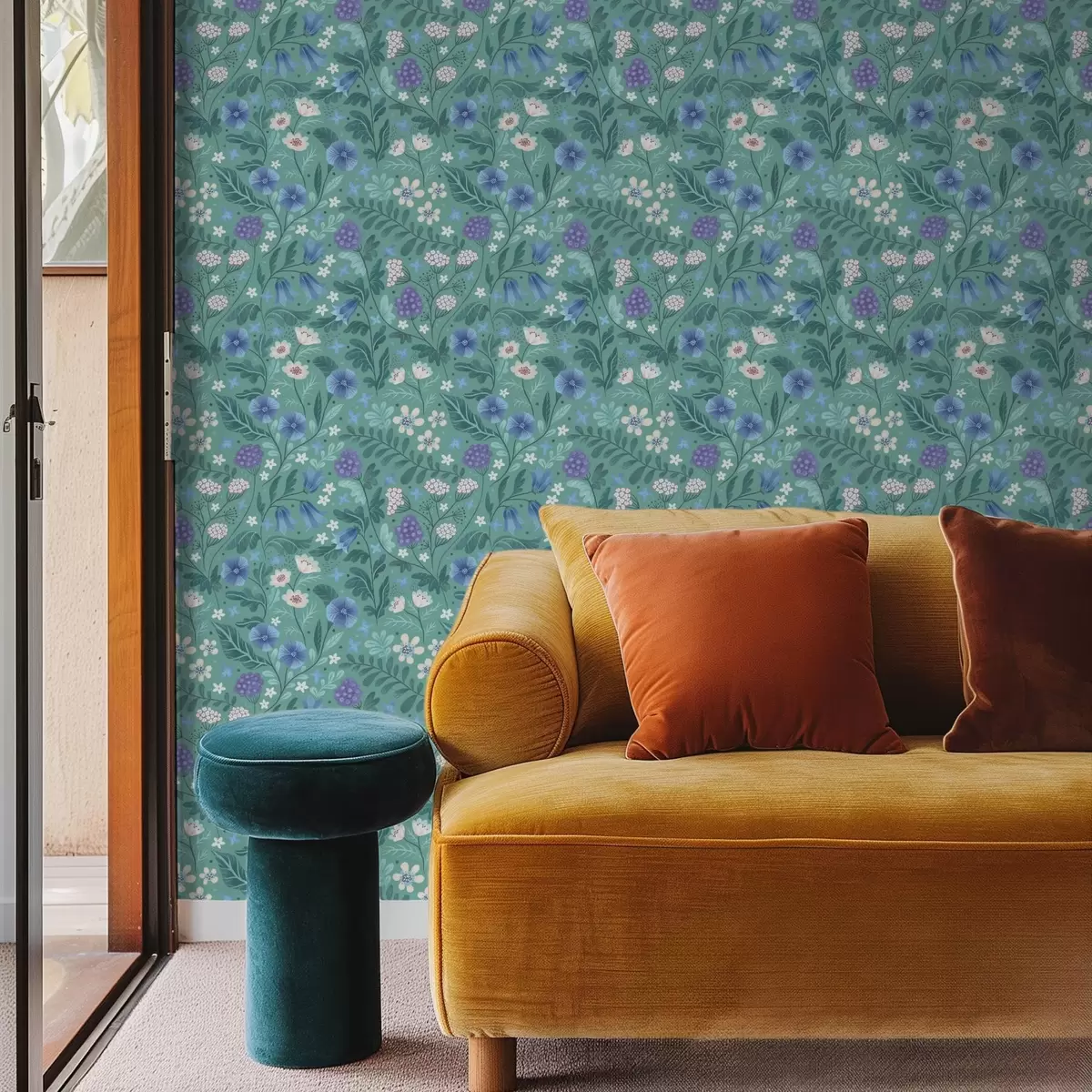 Шпалери Польові квіти та ягоди на м'якому м'ятному тлі a00849