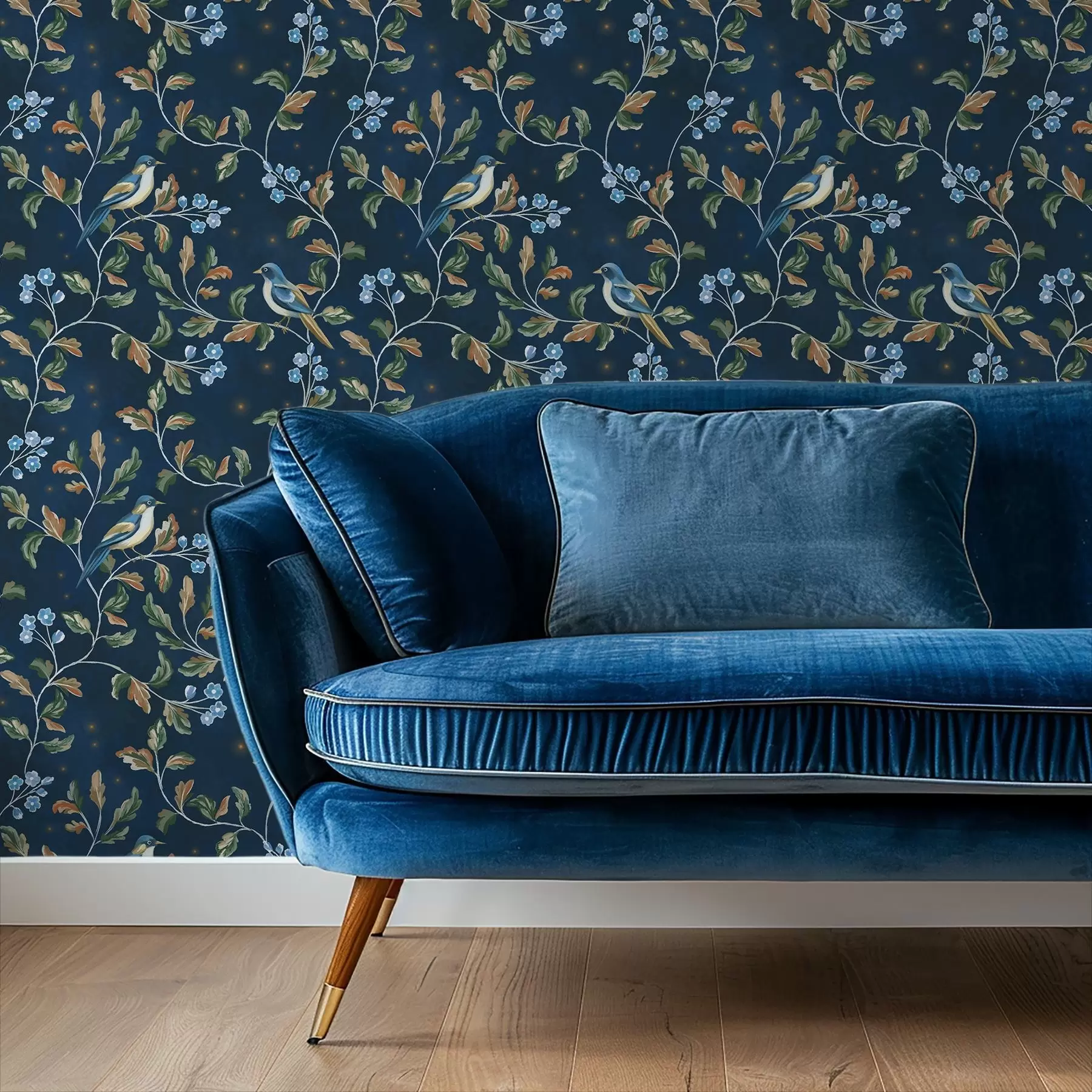 Шпалери Грудки на гілках, нічний синій фон з іскрами a00858