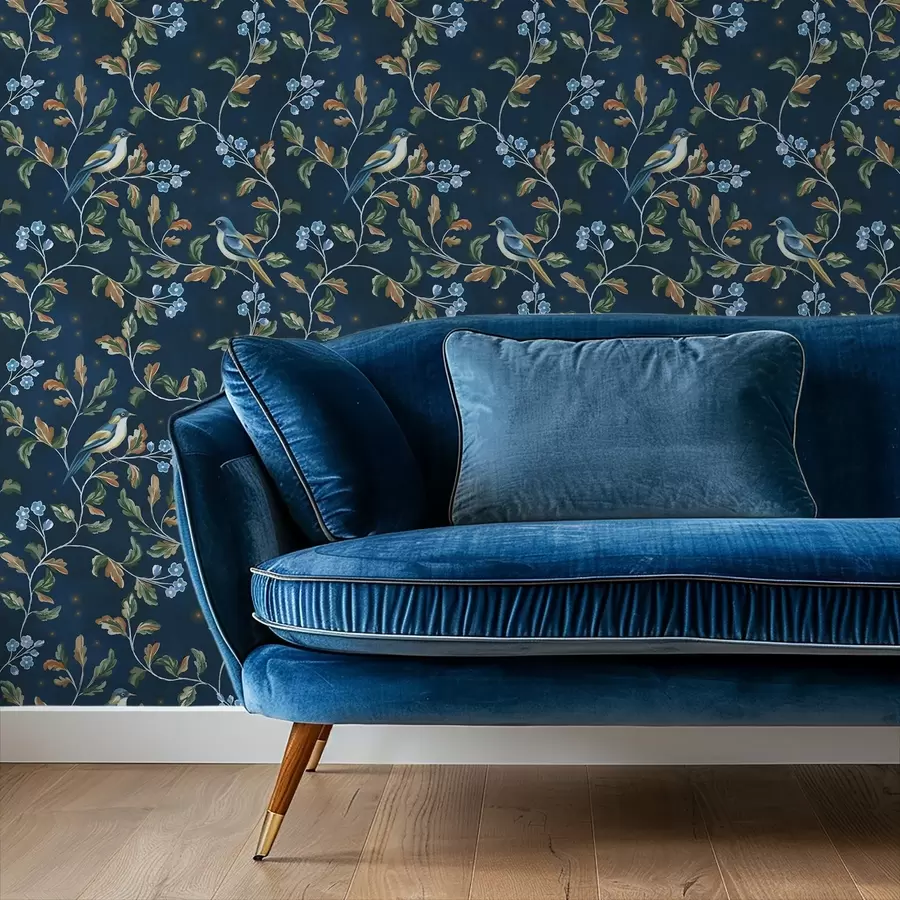 Шпалери Грудки на гілках, нічний синій фон з іскрами a00858