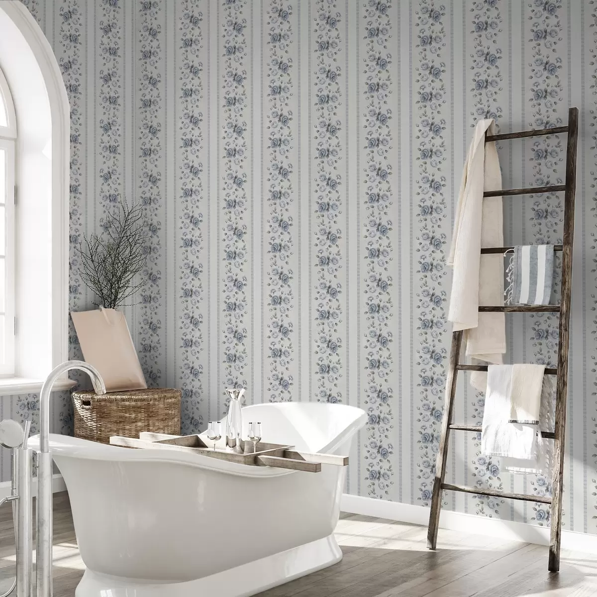 Шпалери Блакитні троянди у вертикальних смугах на світлому тлі a00860