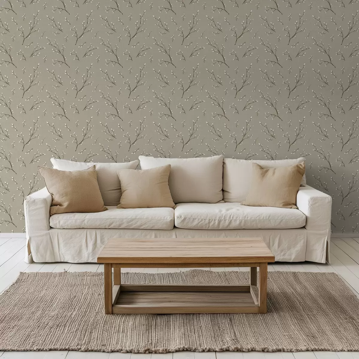 Шпалери Гілочки з білими бруньками на фоні льону кольору таупе a00861
