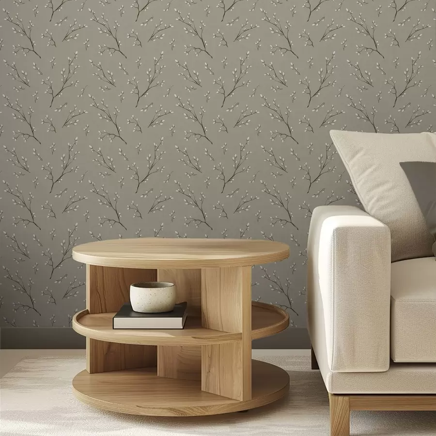 Шпалери Гілочки з білими бруньками на фоні льону кольору таупе a00861