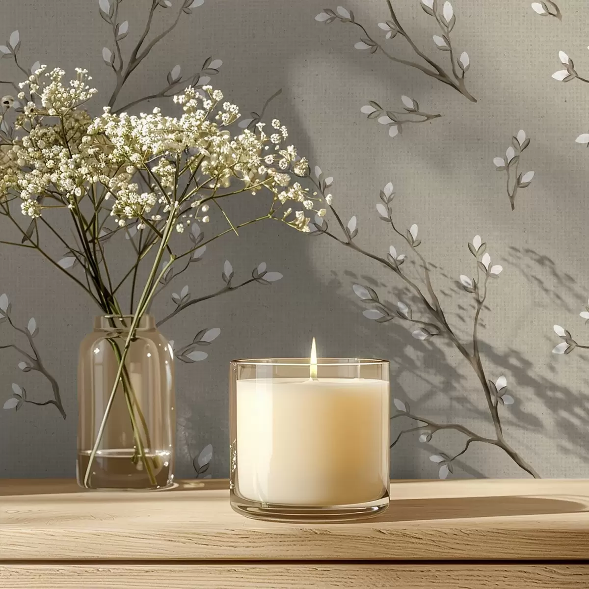 Шпалери Гілочки з білими бруньками на фоні льону кольору таупе a00861