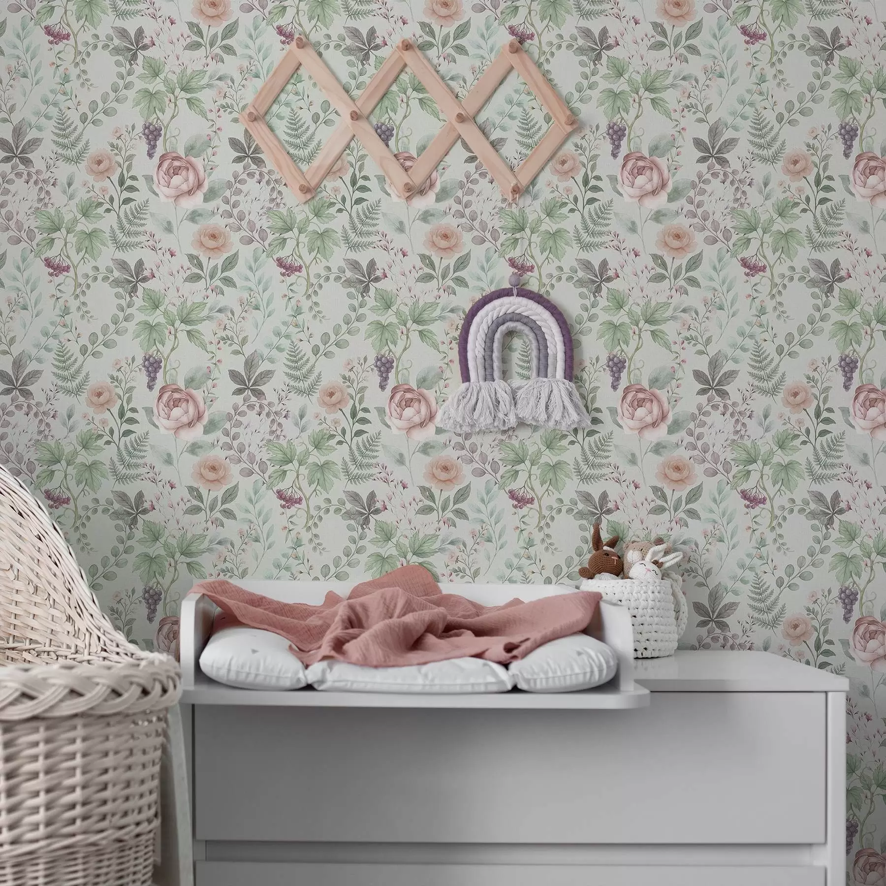 Шпалери Пастельний сад з трояндами, папоротями та виноградом a00867