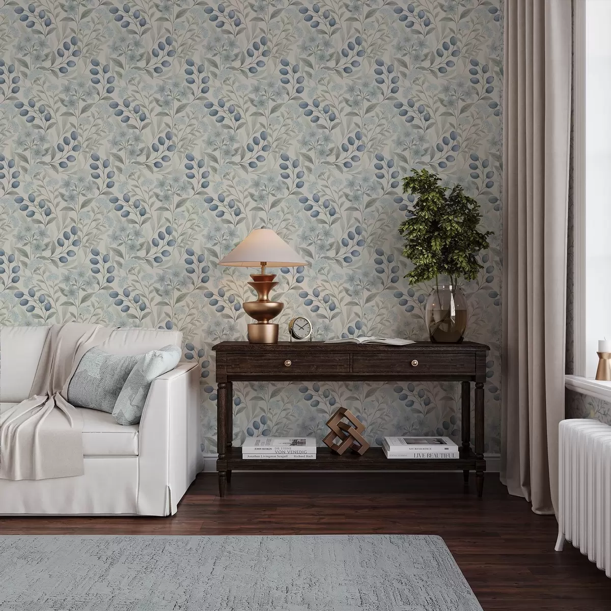 Шпалери Блакитні ягоди та світлі квіти на слоновій кістці a00872