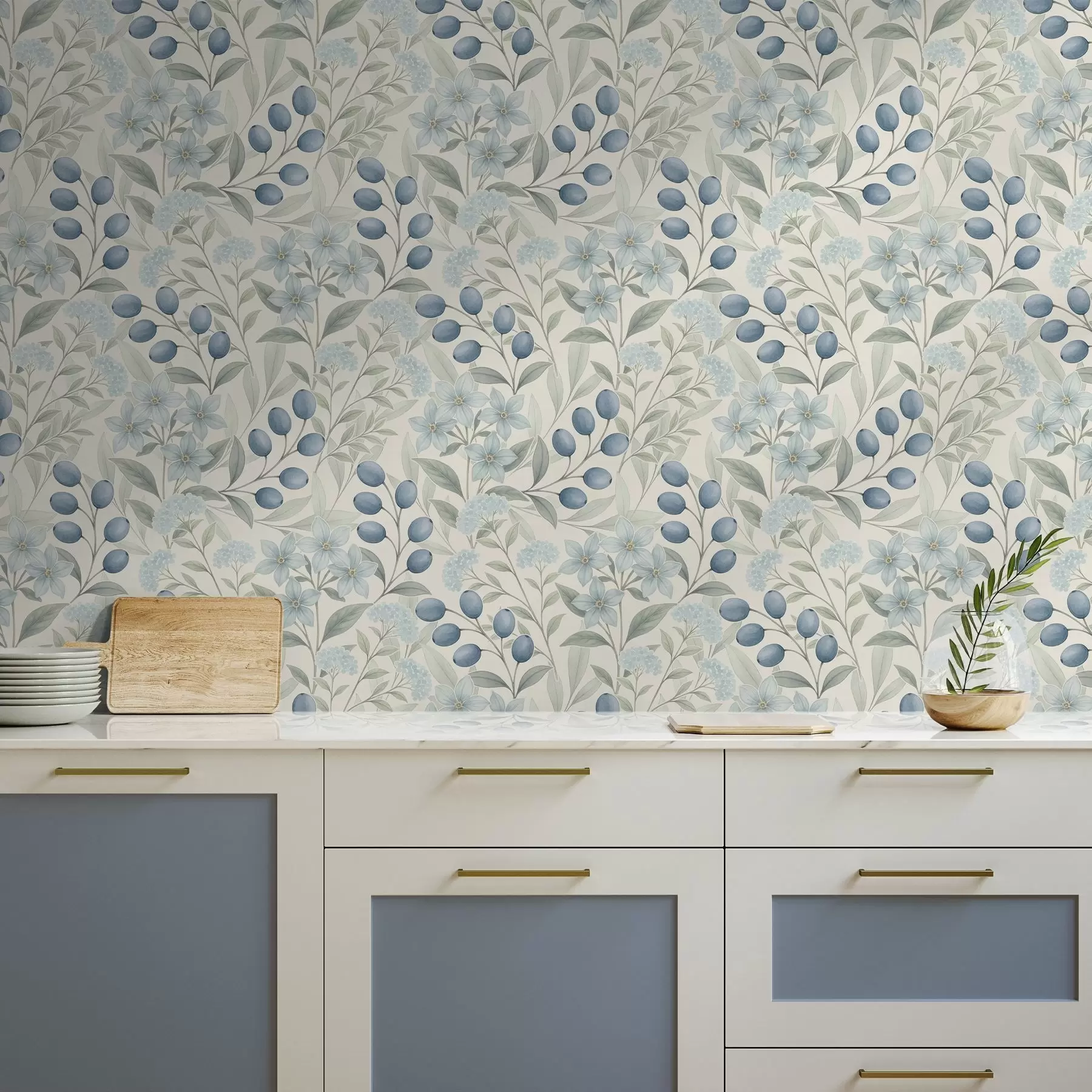 Шпалери Блакитні ягоди та світлі квіти на слоновій кістці a00872
