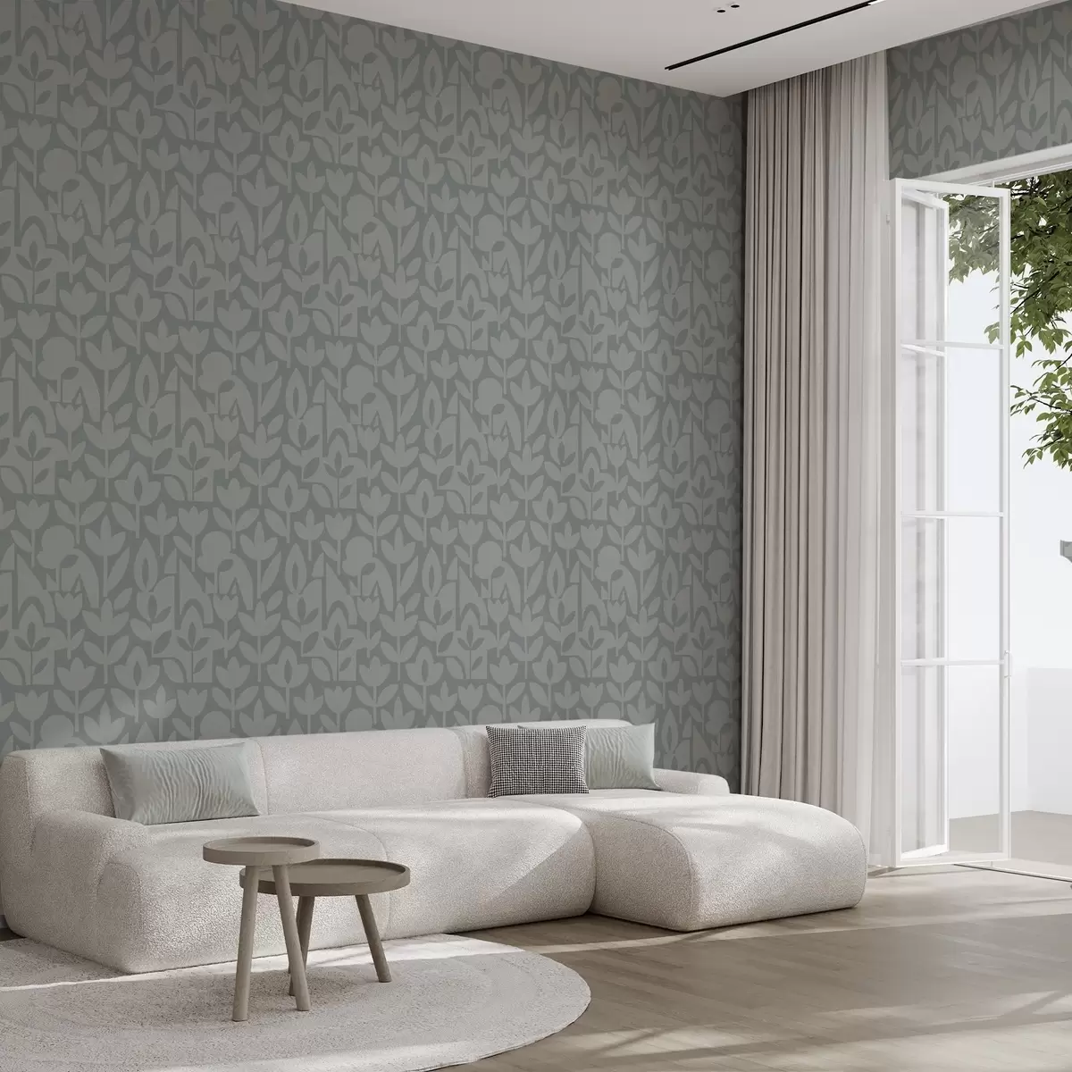Шпалери Геометричні квіткові силуети в сіро-блакитному кольорі a00875