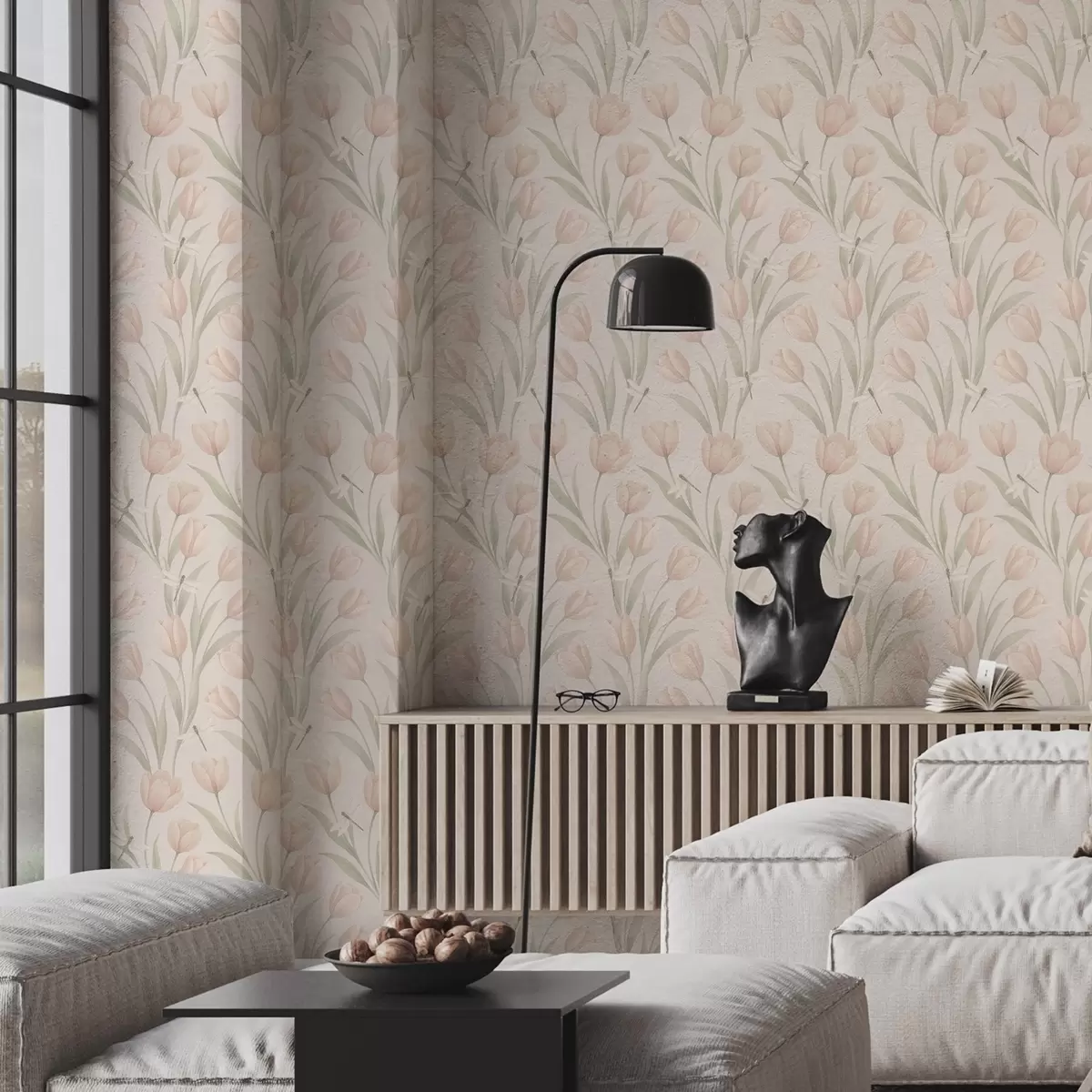 Шпалери Пастельні тюльпани з бабками на рум'яному тлі a00876