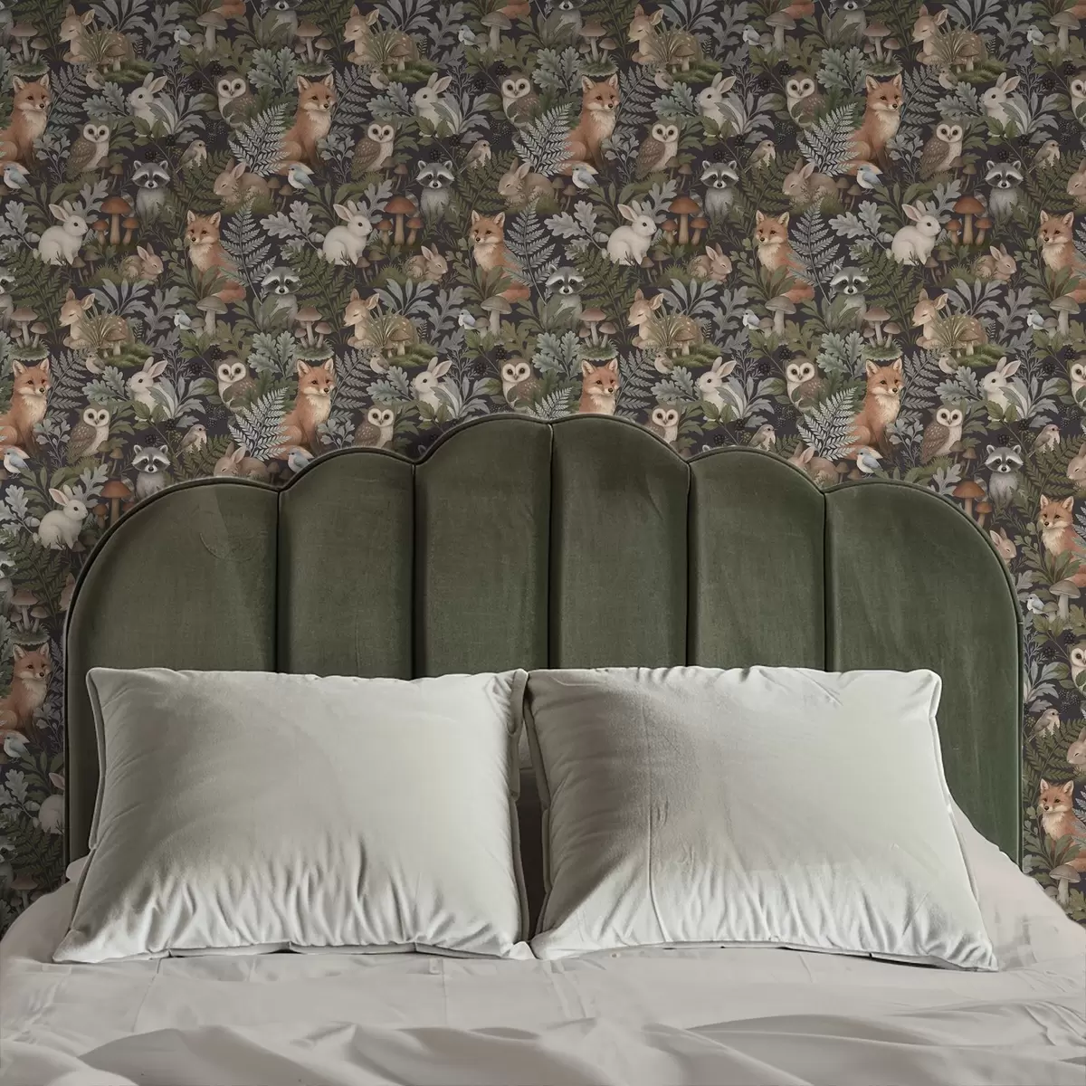 Шпалери Лісові тварини та папороті на глибокому вугільному тлі a00880