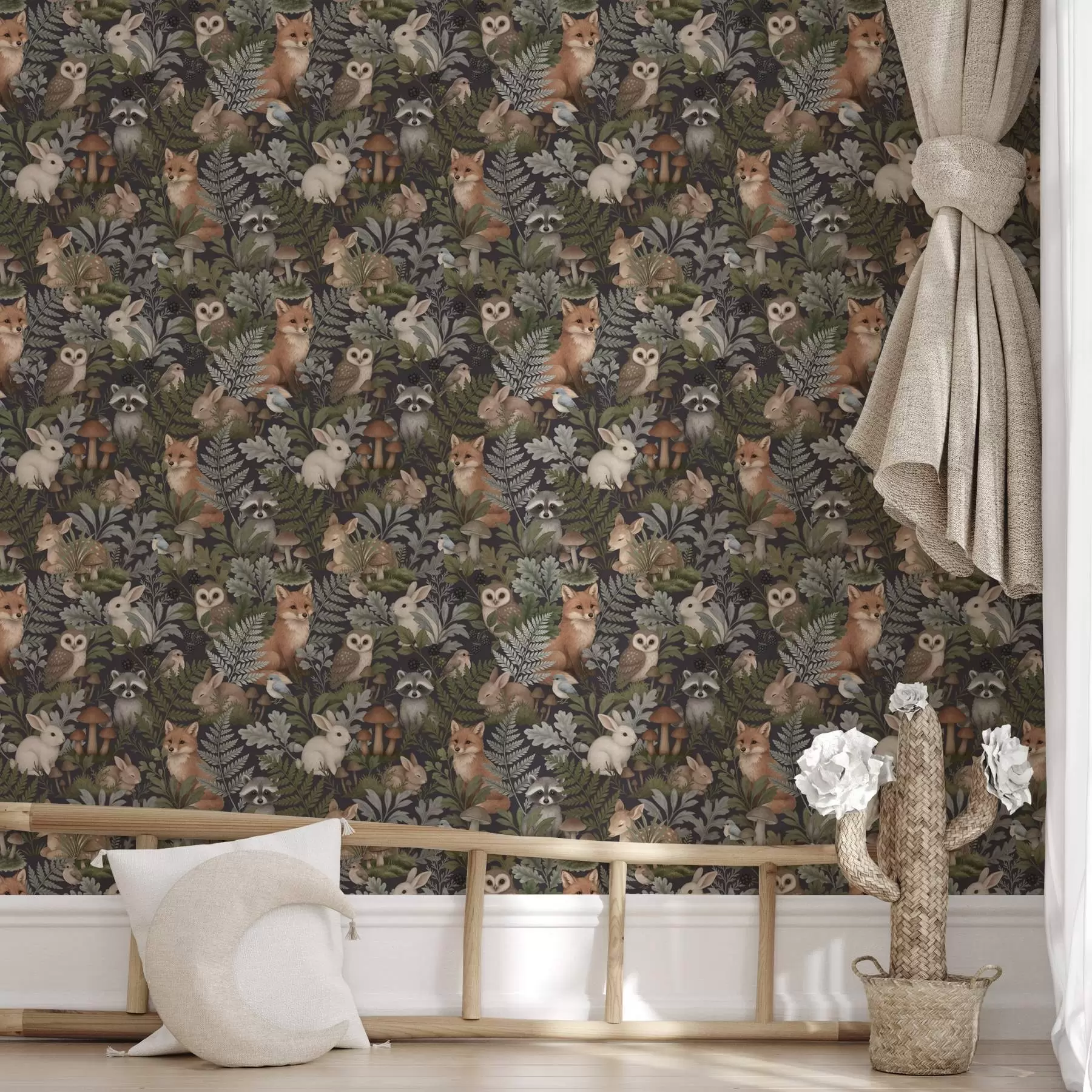 Шпалери Лісові тварини та папороті на глибокому вугільному тлі a00880