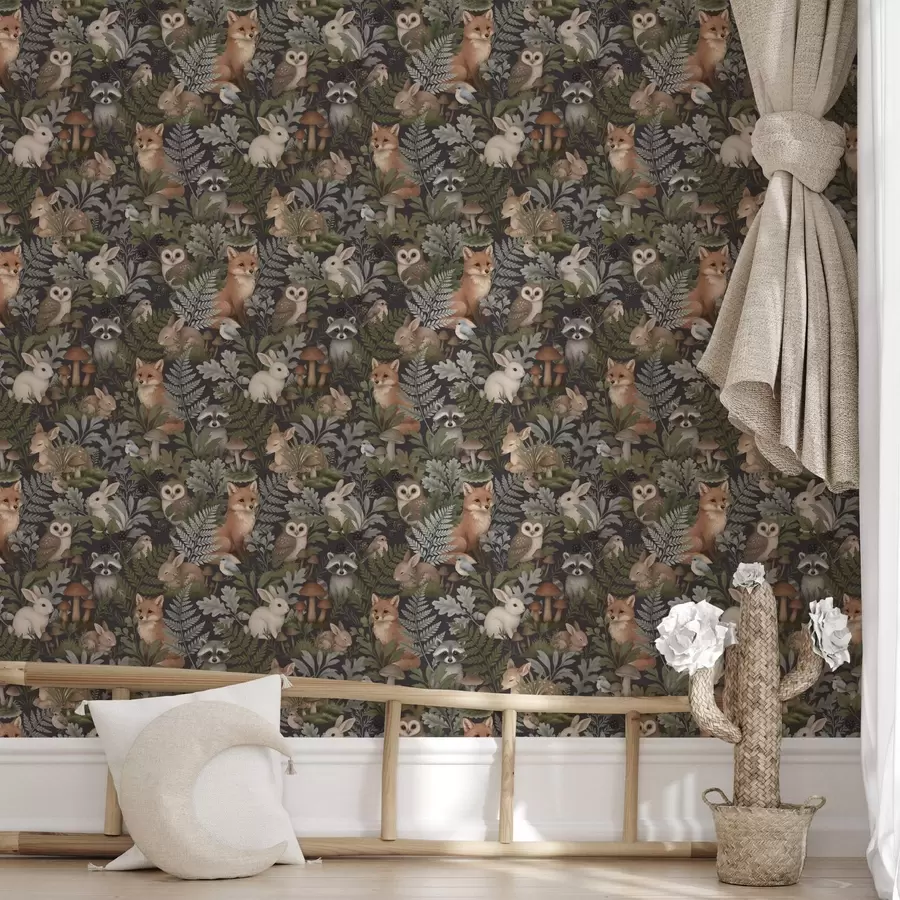 Шпалери Лісові тварини та папороті на глибокому вугільному тлі a00880