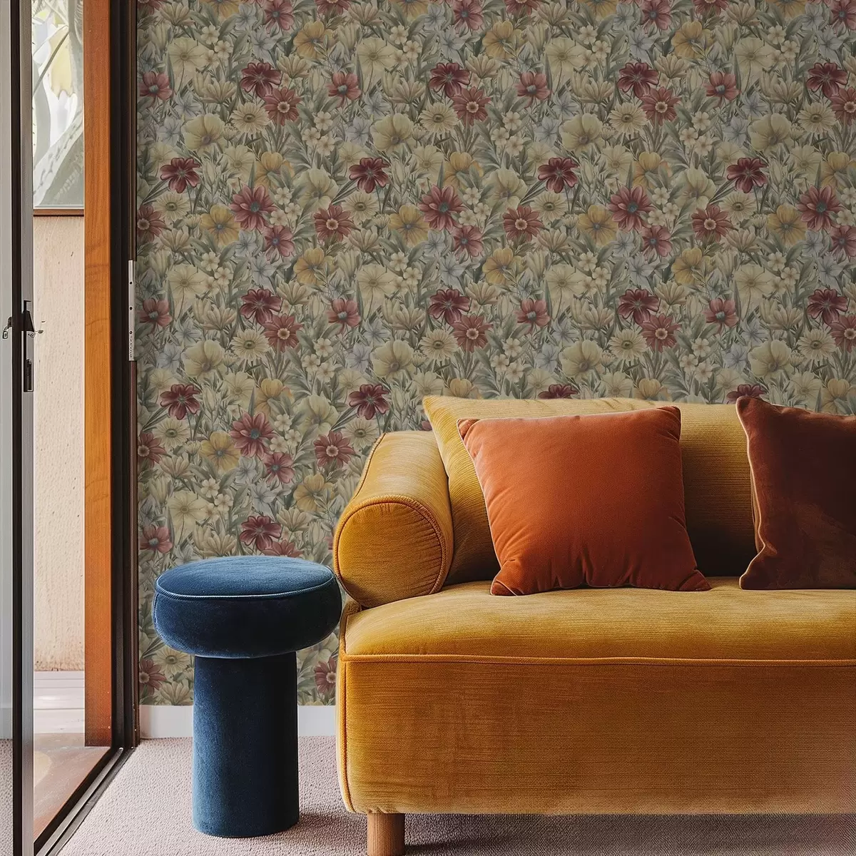 Шпалери Вінтажна галявина цвіте теплими жовтими, червоними та салатовими кольорами a00906